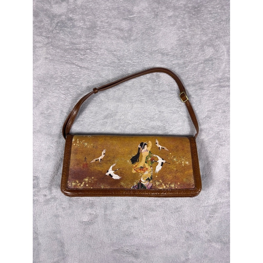 Icon Los Angeles Leather Baguette Shoulder Bag Japanese Geisha Cranes Art Flap